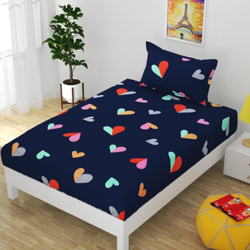 Vaastu Furnishings Prime Collection Ultrasoft Skin Friendly Printed Flat 1 Single Bedsheet with 1 Pillow Cover (Size 60 x 90 Inch) - Blue Hearts Gold Single2