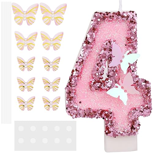 Birthday Number Candles, 2.95 Inch Glitter Number Candles with Butterfly Plugin Pink Number Candles with Sequins Party Candles for Birthday Anniversary (Number 4)