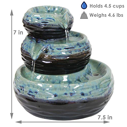 Sunnydaze 3-Tier Modern Textured Bowls Ceramic Indoor Tabletop Fountain - Inside Mini Desk Water Feature for Office, Bedroom, Dining Room, Bathroom and Kitchen - 7-Inch