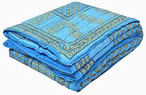 fashhub Cotton Double Bed Jaipuri Printed Blanket, Multicolour (Firozi, Double Bed)