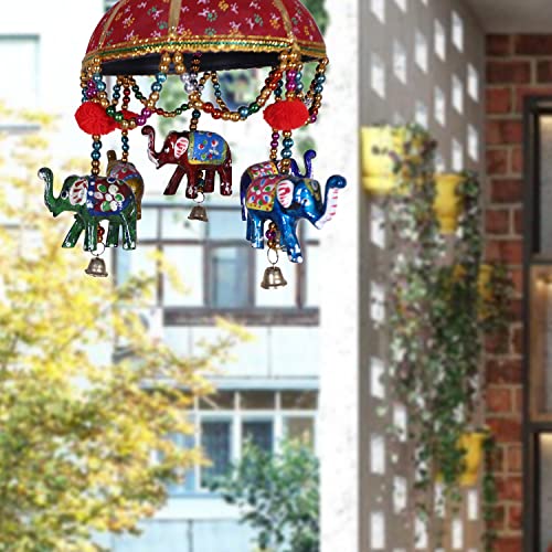 Urbane Home Rajasthani Traditional Windchimes|Handcrafted Latkan|Toran With 5 Decorative Hanging Elephants (Red)