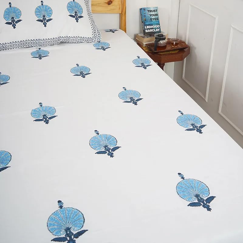 THE JAIPUR WALA Premium Hand Block Printed Pure Cotton Bedsheet-Set King Size (Floral Blue)