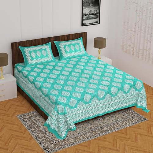 RAJASTHANIKRAFT Premium Cotton Blend Buta-Batik (Sanganeri) Jaipuri Traditional Fantasy Printed 104 TC 100% Cotton Double Bedsheet with 2 Pillow Covers (Sea Green, Double)