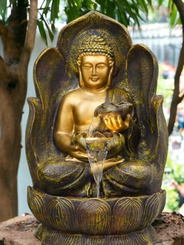 SEPBORN Buddha Statue Fountain with Water Flow, Copper, 90 cm with LED Lights Water Pump