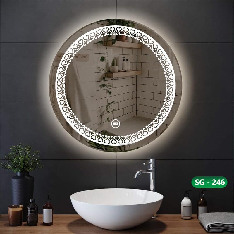 Spark Glass Round LED Sensor Mirror. (LedColour: White, Warm White, & Mix Light) - (Size:24x24 Inch)