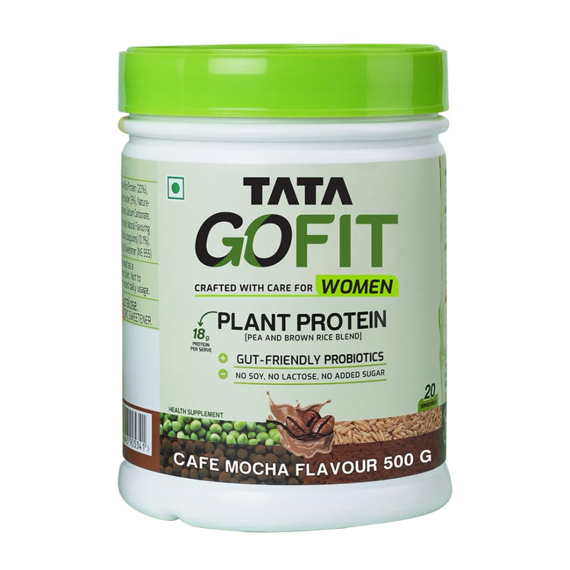 Tata GoFit Plant Protein Powder, Pea & Brown Rice Blend, 18g Protein, Café Mocha Flavour, 500g (20 Serves), No Soy, No Lactose, No Added Sugar, Vegan