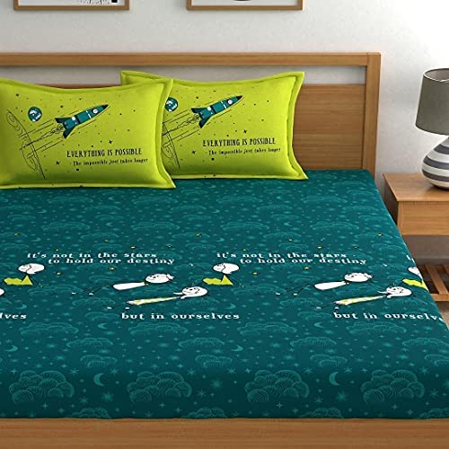 Myroom Cotton Quotes And Character Double Bedsheet With 2 Pillow Covers- Green