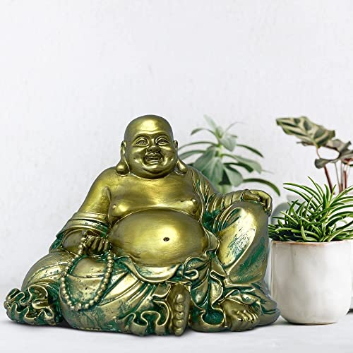 Zensational Happy, Laughing Buddha Statue – 6.5” Inches High - Handmade, Antique Gold Style - for Feng Shui Good Luck, Wealth and Happiness – Essence of Joy