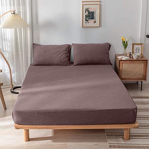 Ciel Home Fitted Bed Sheet Set with 2 Pillow Covers - Wrinkle and Iron Free Cotton Feel Polyester Jersey (Soft T-Shirt Fabric)-Fits Up to 6" Mattress- (78” x 60” Queen, Coffee Melange)