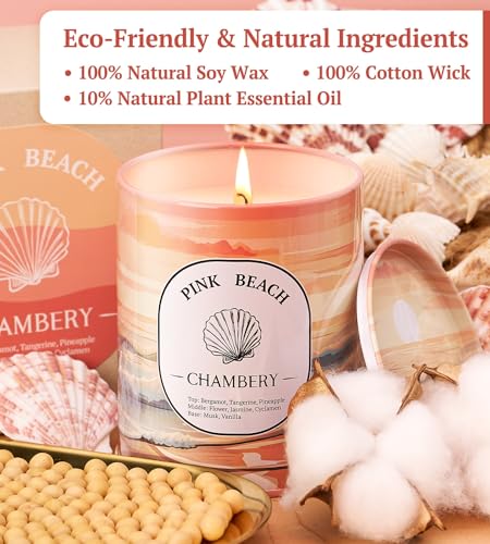 CHAMBERY Pink Beach Candle 9.17oz | Sunrise/Sunset at The Bahamas’ Hubble Island in Premium Tin | Fresh Clean Fragrance for All Seasons | Soy Wax with Lead-Free Cotton Wick | 55-Hour Burn