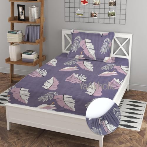 YaAkholic 100% Supersoft Microfiber Glace Cotton Feel Elastic Fitted Single Bed Bedsheet with 1 King Size Pillow Cover (Single Bed 48 x72) (Purple Leaf)