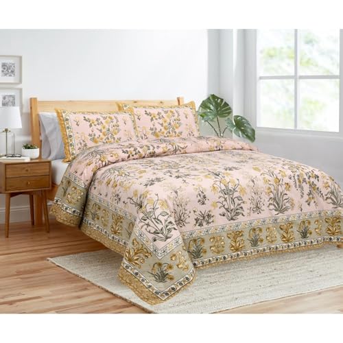 TIQH 400 TC 100% Cotton Jaipuri Rjasathani Hand Print Bedsheet with 2 Pillow Covers - King Size (100"x108") (Golden Peach)