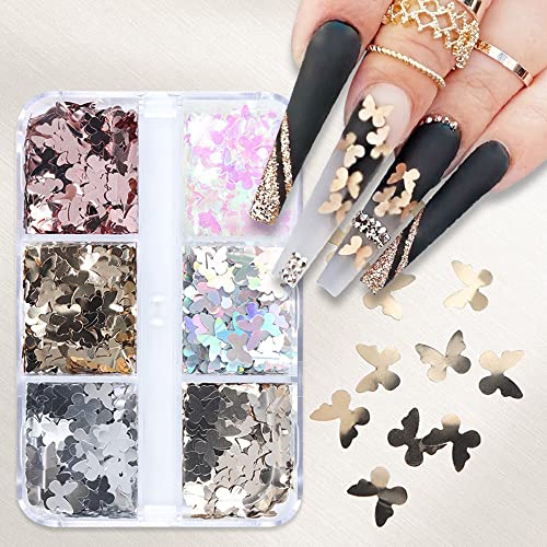 S.A.V.I 6 Grids Holographic Butterfly Nail Art, Charms Sequins Metallic, Shining Flakes Decoration, Fashion Accessories Girls Women