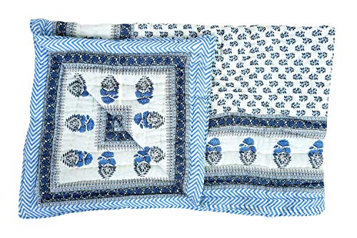 AQRATE Hand Made Gold & Silver Printed Jaipuri Razai Dark Blue Cotton Single Bed Quilt Razai/Rajai-Set of-1