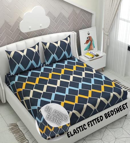 YaAkholic Cotton Feel All Around Elastic Fitted Queen Size Double Bed Bedsheet with 2 Large Pillow Covers Fits Upto Mattress of 8 Inches, Size-72"x78" Inches, Navy Box, 180-200 tc