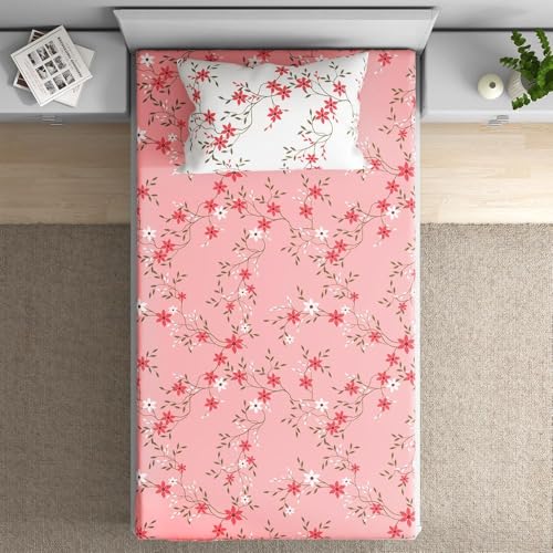 100% Cotton 152 TC Fitted Bedsheet with 1 Pillow Cover | Sakura Single, 72" x 30", Sakura| 1.83m x 76cm