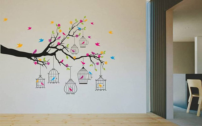 KC DECOR 'Branches with Flowers and Birds Cages' Wall Sticker (PVC Vinyl, 50 cm x 70 cm),Multicolour…