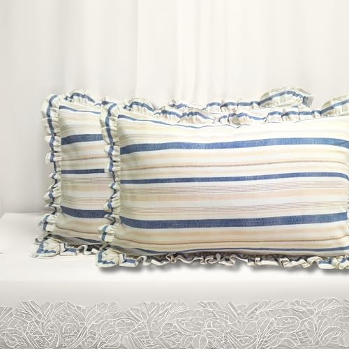 Sleepy Threads Cotton Pillow Cover Striped Pattern with Frilled Border and Envelope Closure | Super Soft & Breathable Pillow Case (Size 27x18 inches)