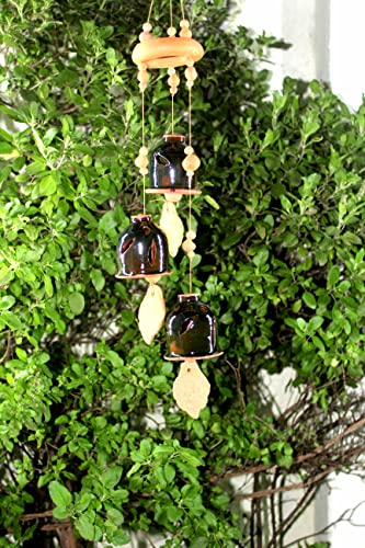 SULFAX Present A Terracotta Ceramic Coated Black Wind Chimes with (Three Bells) of Ring Design Handmade Craft with Melodious Sound Bells.( Size :- 36 cm Long )