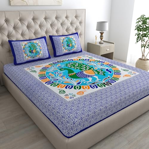 AC FASHION Rajasthani Jaipuri Sanganeri Printed 144 TC 100% Cotton Bed Sheet Set for Double Bed,Peacock Print, Double Bedsheet Cotton with 2 Pillow Covers