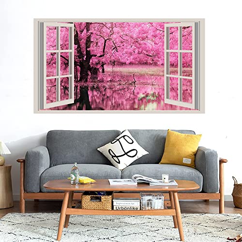 GADGETS WRAP Printed Wall Decal Sticker Fake Window Style Decal (90cm x 50cm) - Pink Trees Reflected in Water