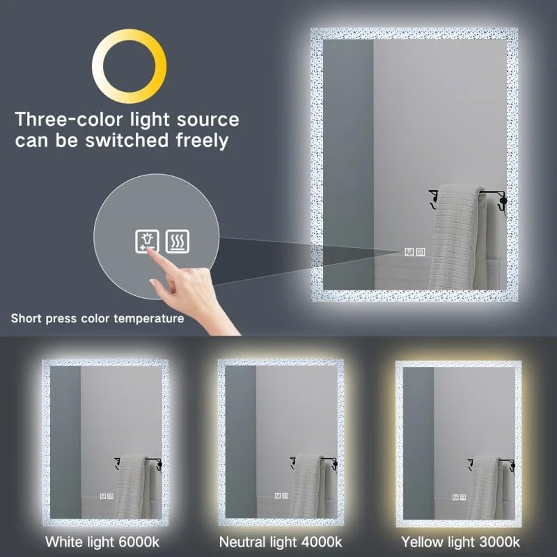 Artessa Crystal Frost Rectangular LED Mirror with Defogger, Dimmer, 3-Colour LED for Bathroom (60 x 45 CM)