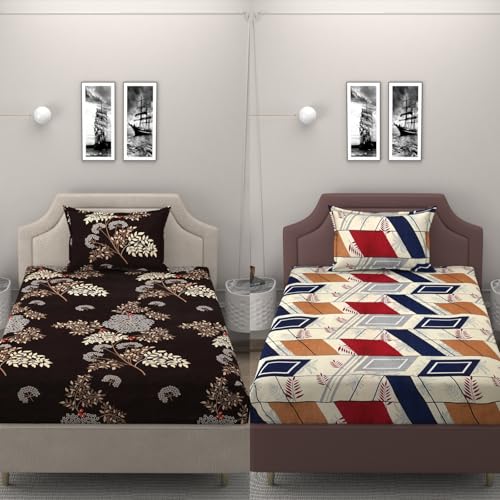 BELVOSTUM Set of 2 Single Bedsheet Combo of 250TC Microfiber Reversible Bedsheet/Bedcover for Single Bed with Pillow Cover- Size(90x60 Inches) (Coffee Multi)