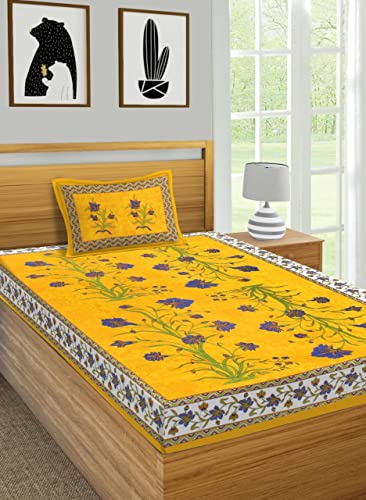 VNV Creation® Single Bed Cotton Fabric Rajasthani Jaipuri Printed Bedsheet Combo Pack 2 Bedsheet with 2 Pillow Cover-(Chakri-Pink+Kashmirkali-Yellow)