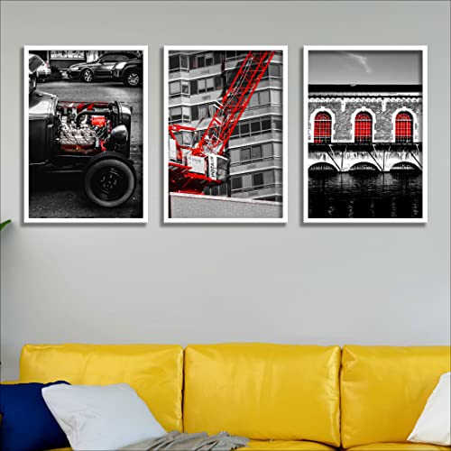 SAF paintings Set of 3 Red Crane Modern Art Premium White Frame Painting For Wall Decoration, Bedroom, Paintings For living Room31.5 inch x 13.5 inch,WHITEMX33592