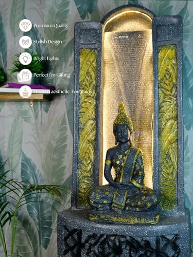 Sowpeace Golden Buddha Water Fountain – Elegant Buddha Sitting Against Tall Wall showpiece, Set of 1 Premium Resin Made Table Top Home Decor for Living Room and Gifting(58 cm,Golden)