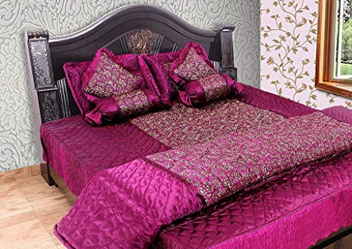 Generic Satin Gold Printed Double Bed ??? Bedding Wedding Set 1 Double Bed Bedsheet 2 Pillow Cover 1 Double Bed AC Comforter 2 Filled Cushions 2 Filled Bolsters - Set of 8 pcs (Purple)