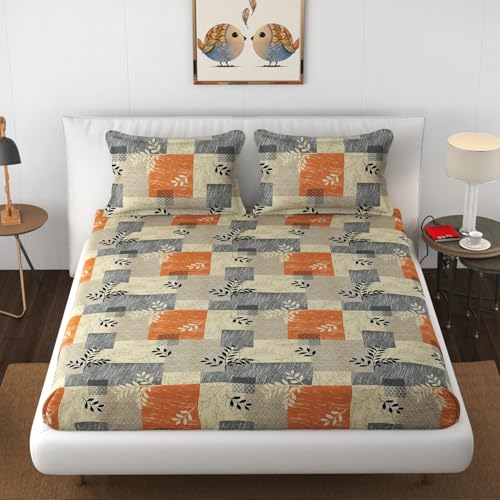 DELFRIK Premium Cotton 350 TC Elastic Fitted Bedsheets with 2 Pillow Covers | Double King Bed with All Around Elastic Wrinklefree Supersoft |Size-78 x72+10 inches | :- Orange Grey Leaf Box