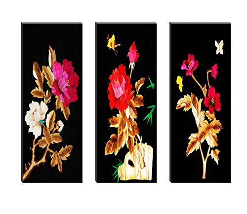 SAF Set of 3 Flower with Flying Butterfly 6MM MDF UV Textured Self Adesshive Painting 18 Inch X 15 Inch SANFJ206