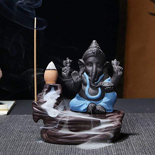 Craftam PolyResin Ganesha Smoke Fountain Backflow Waterfall Cone Incense Holder Showpiece Statue with 10 Back Flow Incense Cone (Blue) Item Name (aka Title)