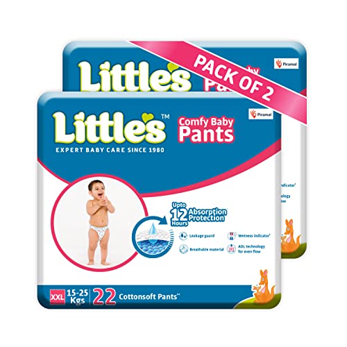 Little's Baby Pants Diapers Extra Extra Large (XXL), 15-25 kg, 44 Units x Pack of 2, White, with Wetness Indicator & 12 Hours Absorption