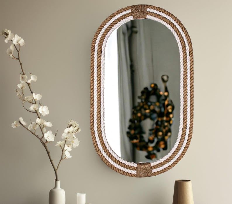 Big international handicraft Wrapped Round MDF Rope Mirror White & Brown Colour (Rectangular, 30×18)