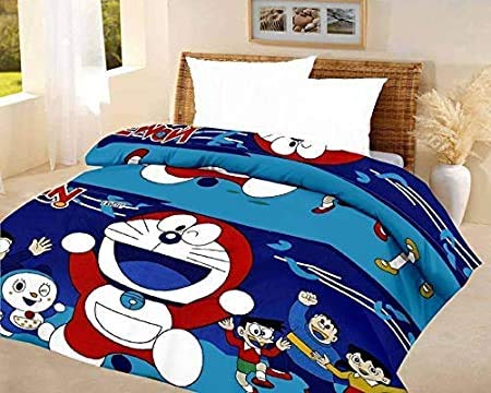 Royal Traders Cotton and Microfiber Cartoon Kids Design Print only Single Bed Reversible AC Blanket (Blue doraemon)