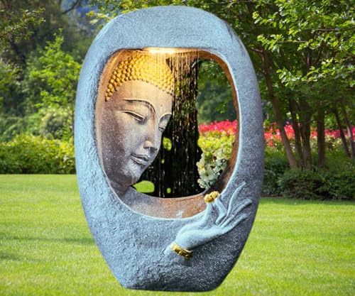 SEPBORN Oval Face Buddha Water Fountain with LED Lights, Water Pump