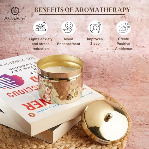 Asian Aura Scented Soy Blend Candle in Gold Hammered Metal Jar with Lid | Smokeless, Long-Lasting Aroma Candle for Home Decor, Events, Relaxation, and Gifting (Royal Oud)