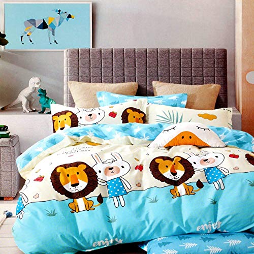 On Point Furnishing Heavy Glace Cotton Cartoon Print 200 TC Double Bed Bedsheet for Kids Room with 2 Pillow Cover ( 90 x 100 Inch) (Multicolour-8), Queen (Lion bedsheet Li_14)