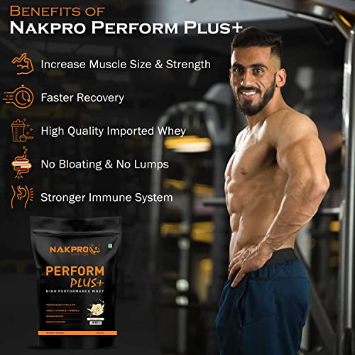 NAKPRO Perform Plus+ Whey Protein Concentrate with Digestive Enzymes | 24g Protein, 5.7g BCAA | Easy Mixing, Easy Digesting (1 Kg, Vanilla)