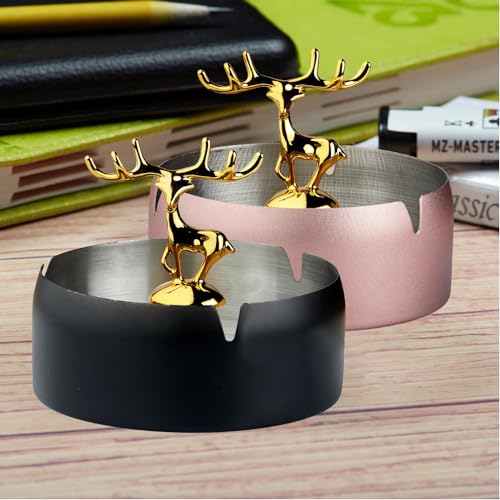 Ashtray,Moose Ashtray, Stainless Steel Home Ash Tray Set for Cigarettes, Cool Ashtray for Outside and Indoor Use, X-Large, Set of 2 - Black/Pink