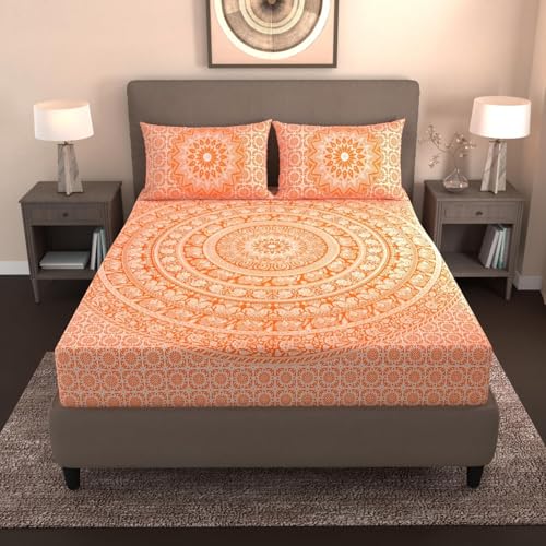 Värde Classic Collection Double Bedsheet with 2 Pillow Cover | 100% Cotton Bedsheets for Double Bed | All Season Comfort | Handmade Handloom Bedsheet | Size 86x90 inches (ArtyClick Orange)