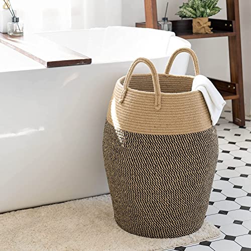 ☆LBY® Large Woven Laundry Basket with Handles, Modern Tall Laundry Hamper for Clothes, Blankets, Towels, Decorative Boho Laundry Hamper for Living Room, Bathroom, Bedroom, (BLACK MIX BROWN)