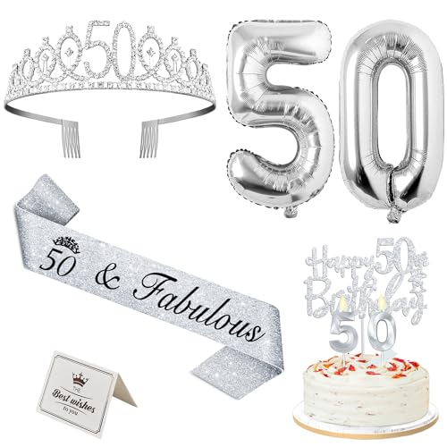 50th Birthday Decorations Women Include Silver 50th Birthday Tiara and Sash, Silver 50th Birthday Candles and Cake Topper, Silver 50th Birthday Balloons for 50th Birthday Gifts Women