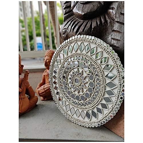 Chitra Artworks Round Hand Made Mud Mirror Wall Frame (12 Inch Diameter)