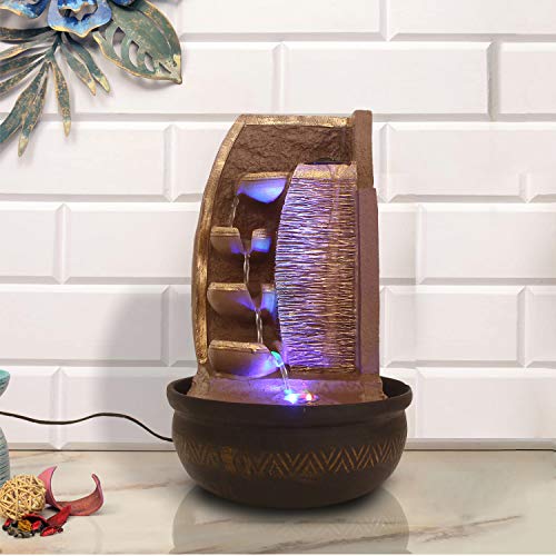 Artisyn Brown and Golden Polyresin 4 Steps Designer Water Fountain with Led Lights - Perfect for Home and Office Decor - Ideal for Diwali, Christmas, Birthdays, New Year, Thanksgiving Celebrations