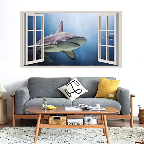 GADGETS WRAP Printed Wall Decal Sticker Fake Window Style Decal (90cm x 50cm) - Shark Attack