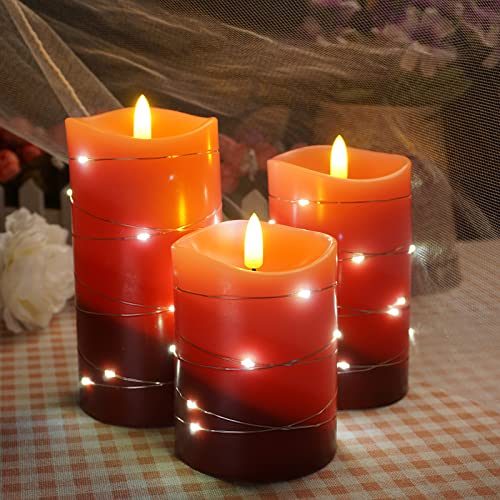 Xinhidar flameless Candle is Rechargeable, Equipped with Embedded String Lights, 3 LED Candles, 11 Key Remote Control, 24-Hour Timer Function, pulsating Flame, and Real Wax. (Gradient red)