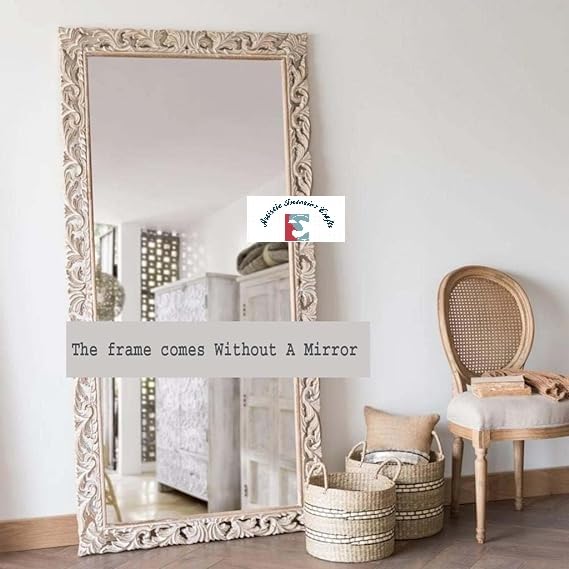 Artistic Interior Crafts Wooden Carved Wall Mirror Frame Solid Wood, Distress Finish | with Out Mirror | Size 6 * 3 ft (Antique Gold) (White Distress, Rectangular, Frame)